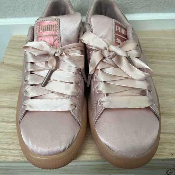 Puma Clyde Rose Pink Cameo Gold Satin Lace Up Sneakers 6 - Picture 4 of 6